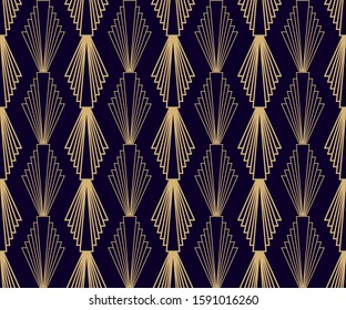 golden art Deco Pattern. Seamless dark blue background. Scales or shells ornament. Minimalist geometric design. Vector lines. 1920-30s motifs. Luxury vintage illustration