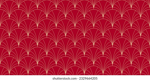 Patrón sin fisuras de arte dorado. Textura lineal geométrica del vector de oro y rojo de lujo con líneas curvas, ornamento de escala de pescado, patrón de pavo real, rejilla. Elegante fondo abstracto. Diseño de estilo asiático