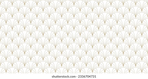 Golden art deco seamless pattern. Luxury gold and white vector geometric linear texture with curved lines, fish scale ornament, peacock pattern, grid. Elegant abstract background. Asian style design