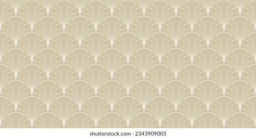 Golden art deco seamless pattern. Luxury vector geometric linear texture with curved lines, fish scale ornament, peacock pattern, grid. Elegant gold abstract background. Repeat decorative geo design