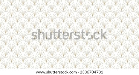 Golden art deco seamless pattern. Luxury gold and white vector geometric linear texture with curved lines, fish scale ornament, peacock pattern, grid. Elegant abstract background. Asian style design