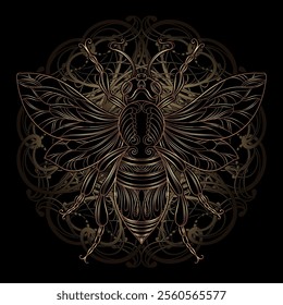 Golden Art Nouveau Bee - Intricate Ornamental Vector Illustration with Elegant Swirls, Detailed Wings, and Decorative Patterns on Black Background