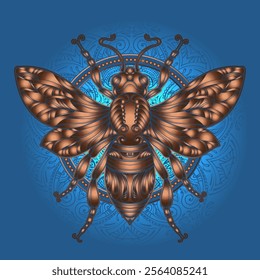 Golden Art Nouveau Bee - Intricate Ornamental Vector Illustration with Elegant Swirls, Detailed Wings, and Decorative Patterns on Black Background