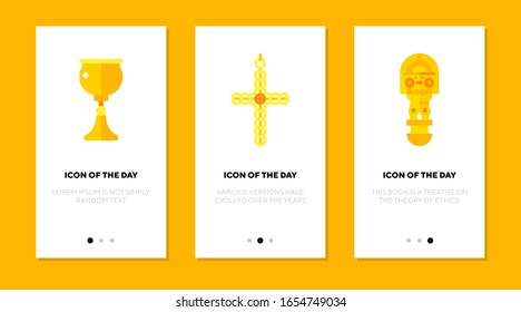 Golden artefact flat icon set. Gold, cultural, sacral isolated vector sign pack. Religious and metal concept. Vector illustration symbol elements for web design and apps