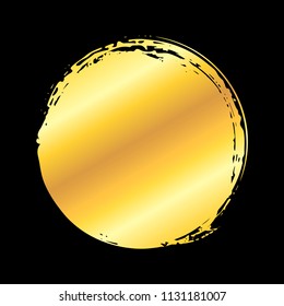 Golden artistic circle grunge brush paint stroke isolated over black background. Metal shiny gold design element vector illustration.