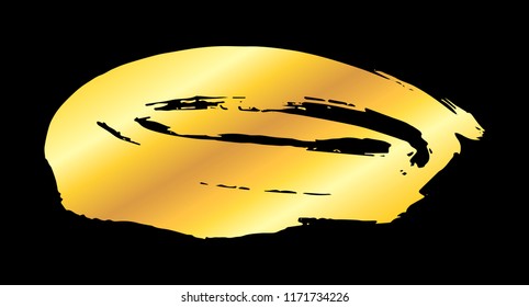 Golden artistic grunge brush paint stroke isolated over black background. Metal shiny gold design element vector illustration.