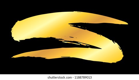 Golden artistic grunge brush paint stroke isolated over black background. Metal shiny gold design element vector illustration.