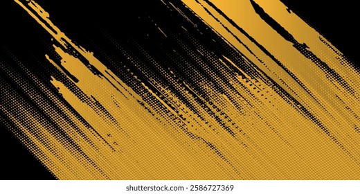 Golden artistic grunge brush paint stroke over black background. Metal shiny gold background vector illustration.