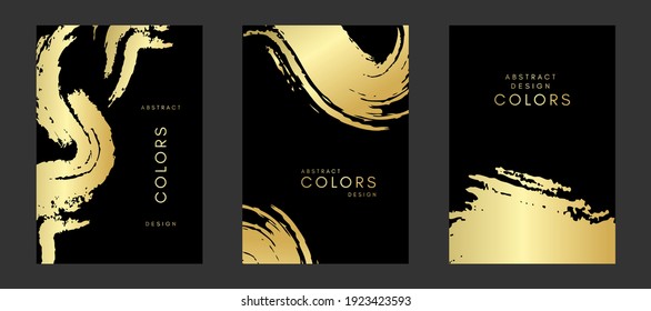 Golden artistic poaters with paint splash decoration elements.  Abstract creative design. Backgrounds collection with hand drawn texture.