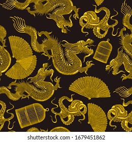 Golden asian dragons, octopus, fan and cage. Ethnic japan seamless pattern. Embroidery. Oriental art. Ancient style. Traditional Japanese culture 