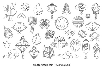 Goldene asiatische Grafik. Traditionelle chinesische Symbole. Orientalische Wolken. Papierlaternen oder -lüfter. Japanische Texturen. Lotusblumen. Elemente von Sonne und Mond. Origami-Kranich. Vektorliniensymbole