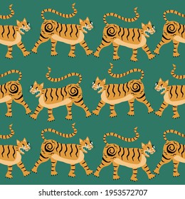 Golden asian tiger. Traditions and culture of Asia. Animal seamless pattern.