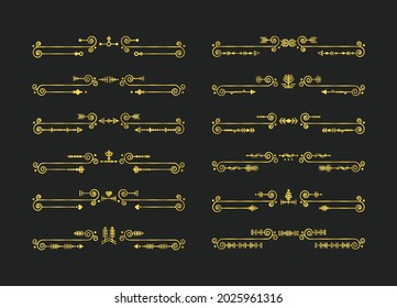 Golden assorted swirl modern art deco line dividers design element set on black  background