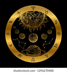 Golden astrology concept with planets isolated on black background