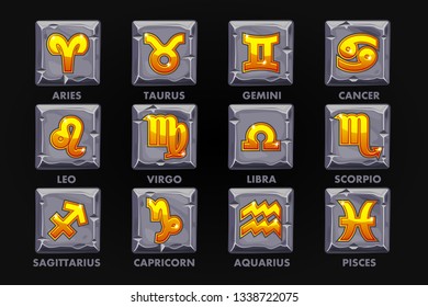 Golden Astrology Signs On stone button, set 12 Zodiac or Game Design. Vector Icons on a separate layer