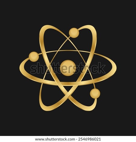 Golden Atom Isolated On Black Background. Realistic Golden Molecule Sign. Science Symbol