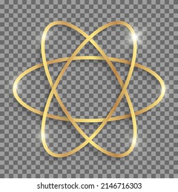 Golden atom sign with shadows and highlights isolated on a transparent background.