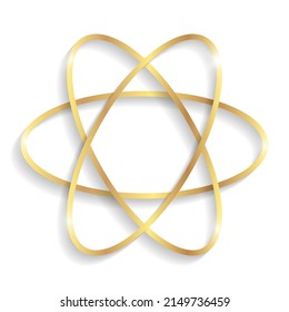 Golden atom sign with shadows and highlights isolated on a white background.