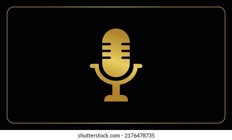 Golden audio mic microphone record icon, Isolated on a solid black background.