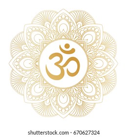 Golden Aum Om Ohm symbol in decorative round mandala ornament, perfect for t- shirt prints, posters, textile design, typography goods.