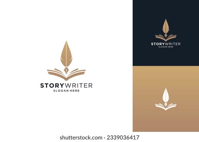 Golden author logo design. Quill pen with book logo design combination.