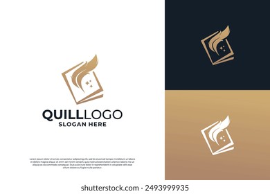 Golden author logo design. Quill with book combination logo design