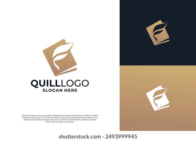 Golden author logo design. Quill with book combination logo design
