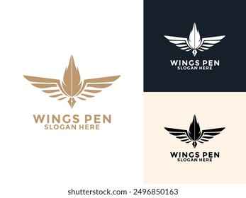 Golden Author or Writer logo design template. Quill pen with wings logo design vector