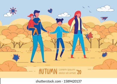 Golden Autumn 2020 Banner. Happy Four Membered Family, Spending Time Together Outdoors. Pleasant Walk in Open Air. Teenager Girl, Holding Hands with Mom and Dad. Loving Father, Carrying Little Son.