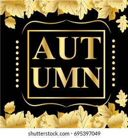 Golden autumn, black background with golden autumn leaves in vector. Autumn fall