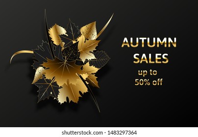 Golden autumn, Golden black autumn foliage vector sale banner. Vector.