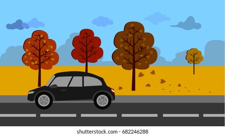 Golden Autumn in Every Day Moments. Car Driving along the Road. Hello Autumn Concept. Vector Illustration