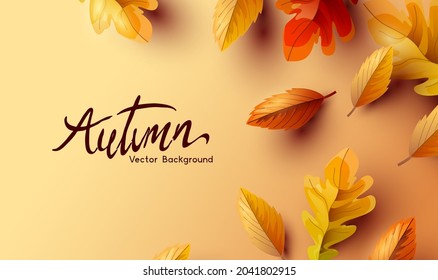 Golden Autumn fall background with of seasonal leaves. Vector illustration.