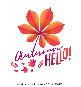 Golden autumn fallen leaf of chestnut and text Autumn time. Vector web banner template. Isolated on white background.