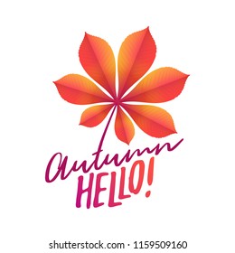 Golden autumn fallen leaf of chestnut and text Autumn time. Vector web banner template. Isolated on white background.
