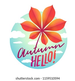 Golden autumn fallen leaf of chestnut and text Autumn time with sky in round shape. Vector web banner template. Isolated on white background.