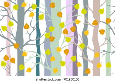 Golden autumn forest. Seamless vector pattern with white birches and yellow leaves. 1950s-1960s motifs. Retro textile collection. On white background.