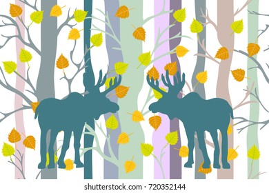 Golden autumn forest. Seamless vector pattern with trees and elks on white background. Design for cards, covers, textile inspired by folk art.