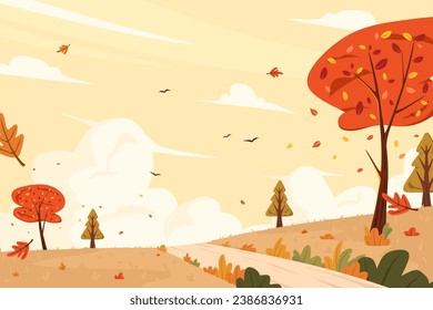 Golden autumn landscape with falling leaves and scenic trees in countryside. Illustration of autumn scenery with fallen leaves on a hill Vector illustration