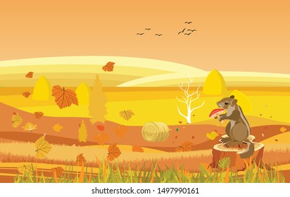 Golden autumn landscape, squirrel sits on the tomb, natural landscape vector