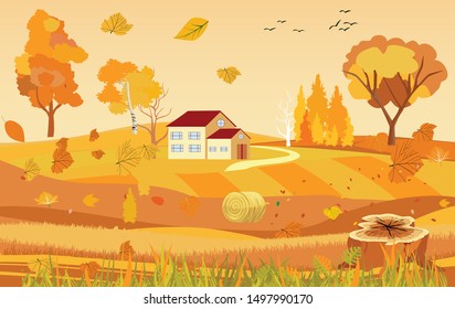 Golden autumn landscape, tomb, countryside view, natural landscape vector