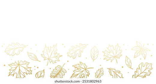 Golden autumn leaves frame, footer or banner design, greeting card border decorative element for the fall holidays, Thanksgiving vector invitation elegant clip art, isolated