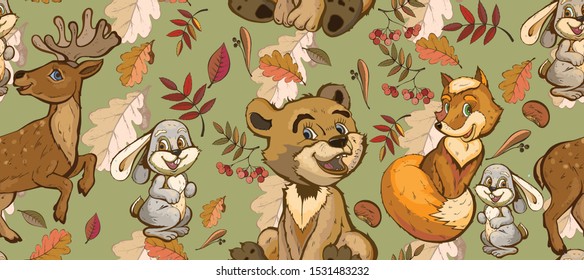 Golden autumn seamless pattern. Children's play set on the eve of Christmas. Trendy template for clothes, textiles, shirts, prints, fashion bags, package.