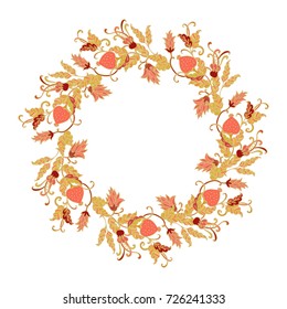 Golden autumn vector frame  -wreath with fruits and flowers on white background