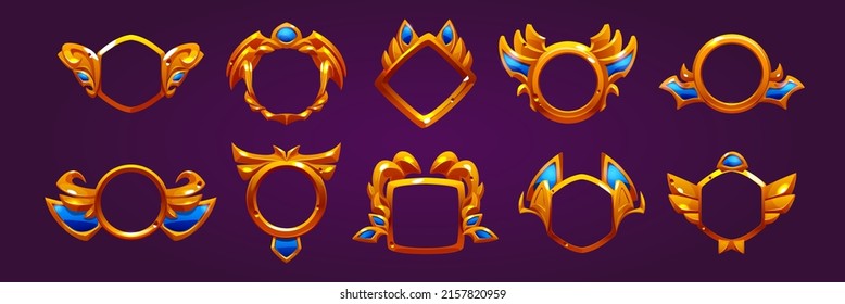 Golden avatar frames, game winner award badges isolated on background. Vector cartoon set of empty achievement emblems with decorative golden borders different shapes