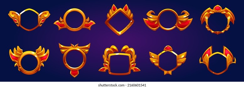 Golden avatar frames, game winner award badges isolated on background. Vector cartoon set of empty achievement emblems with decorative golden borders different shapes