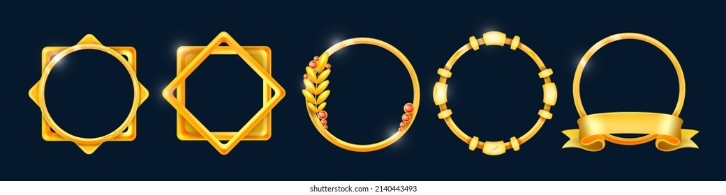 Golden avatar game frame set, vector royal circle geometric kit, round UI level up reward shapes. Winner luxury isolated award collection, ranking decoration menu design elements. Avatar frames