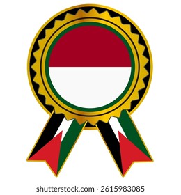 Golden award badge design featuring Indonesian or monaco flag in the center and Palestinian flag on ribbons, symbolizing unity and recognition.  
