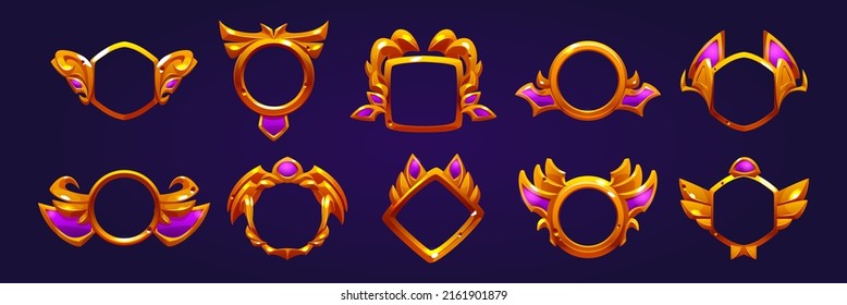Golden award badges, game avatar decorative frames isolated on background. Vector cartoon set of empty labels with golden borders different shapes, winner emblems