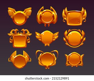 Golden award badges, game medals for win, top place in competition. Vector cartoon set of gold icons with fantasy decorative frames, achievement emblems isolated on background